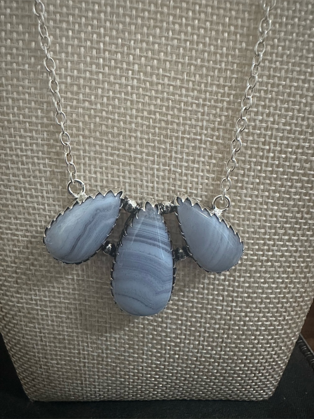 Blue Lace Agate Triple Stone Pendant Necklace, Silver-Tone, 18" Chain